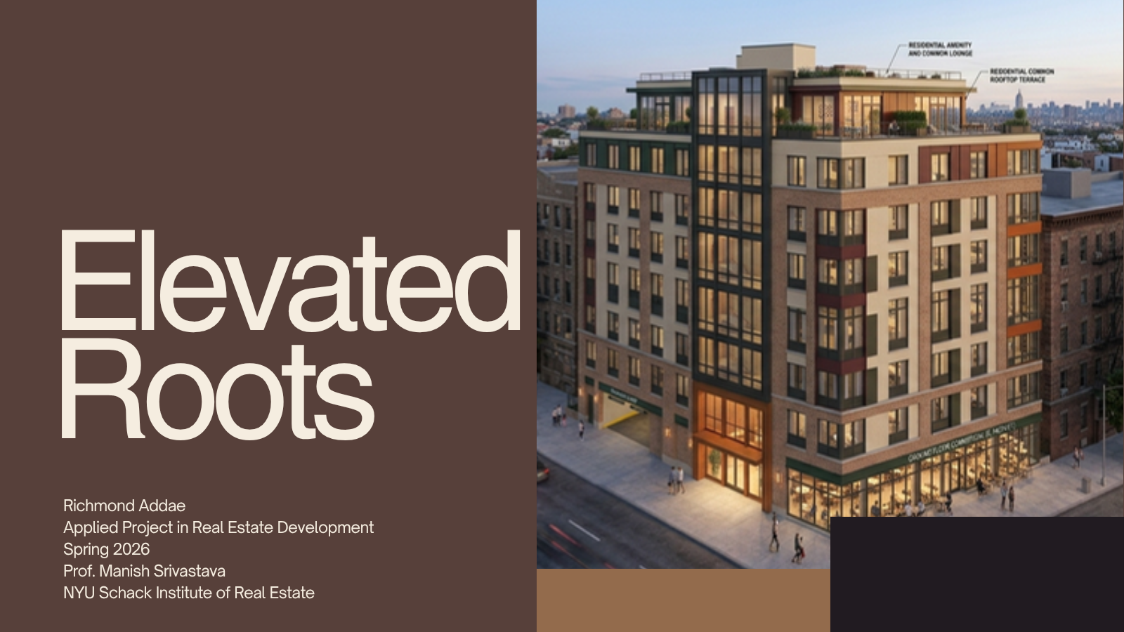 Elevated Roots capstone presentation cover: a 7-story mixed-income residential community at 590 Wales Avenue, South Bronx